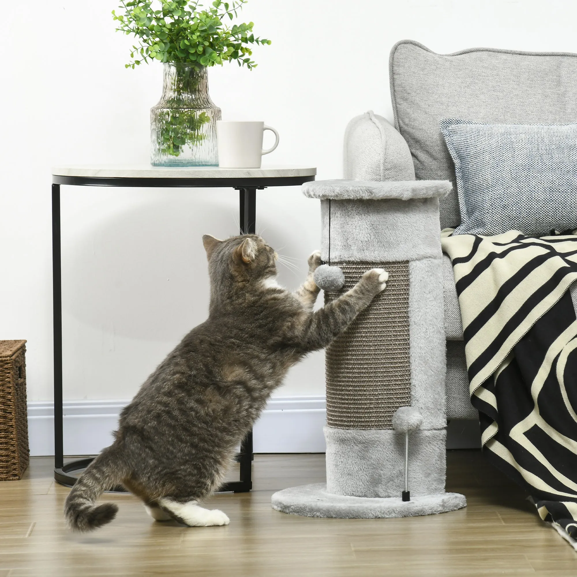 PawHut 58cm Cat Scratching Post for Corner Wall w/ Covered Plush, Play Balls