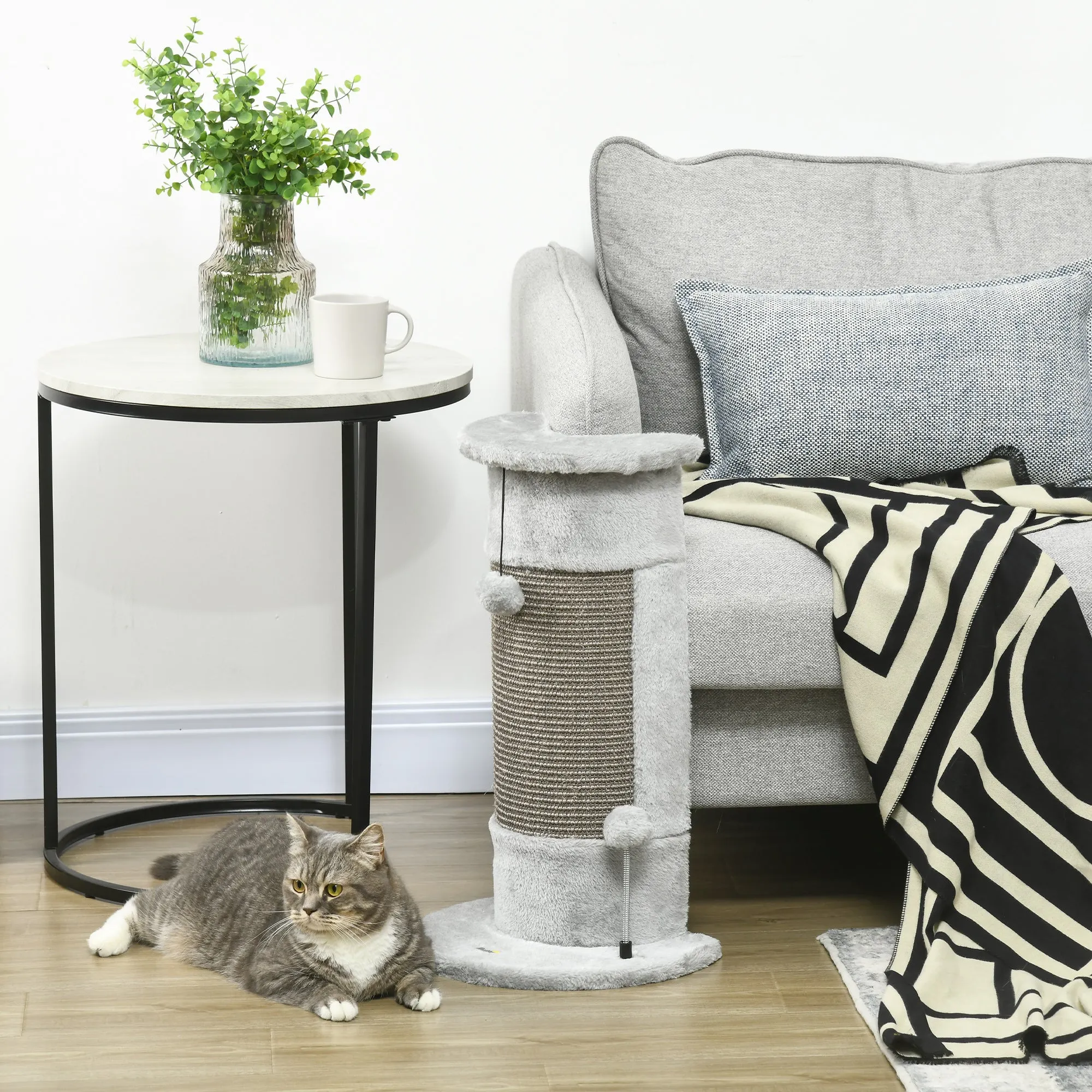 PawHut 58cm Cat Scratching Post for Corner Wall w/ Covered Plush, Play Balls
