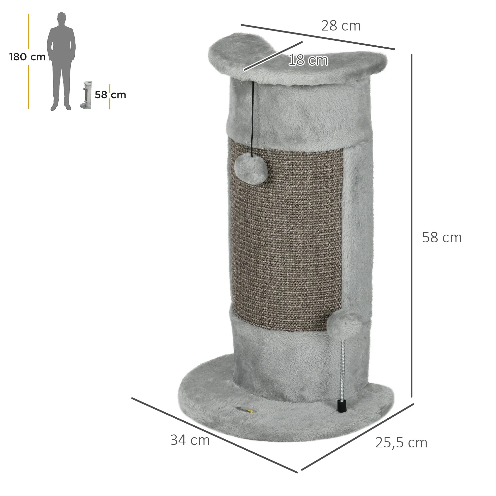 PawHut 58cm Cat Scratching Post for Corner Wall w/ Covered Plush, Play Balls
