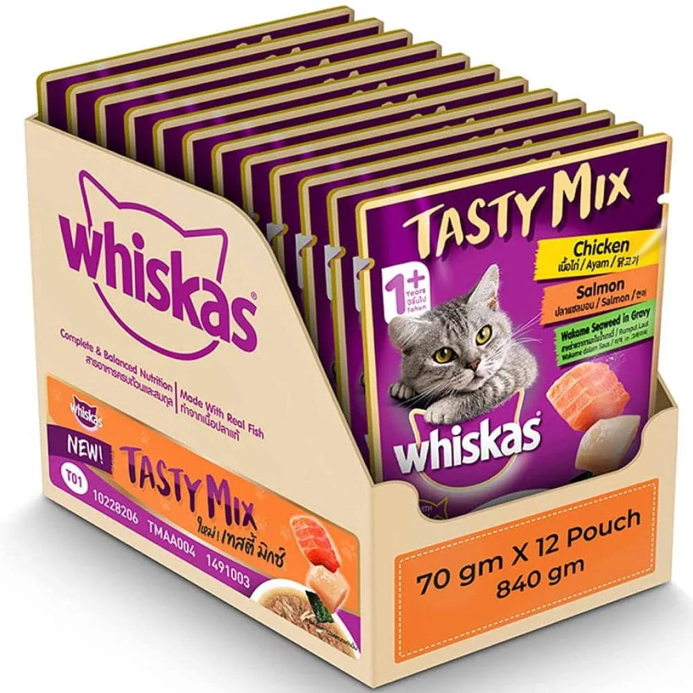 Whiskas Chicken With Salmon Wakame Seaweed in Gravy and Chicken With Tuna And Carrot in Gravy Adult Cat Wet Food Combo