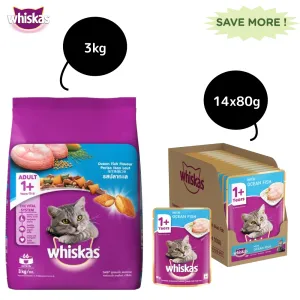 Whiskas Ocean Fish Flavour Adult Cat Dry and Wet Food Combo