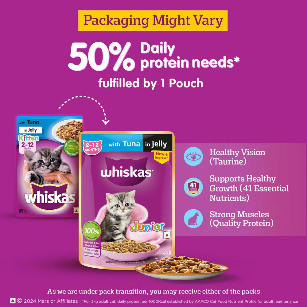 Whiskas Tuna in Jelly Kitten Wet Food and Mackerel Flavour Kitten (2 to 12 months) Dry Food Combo