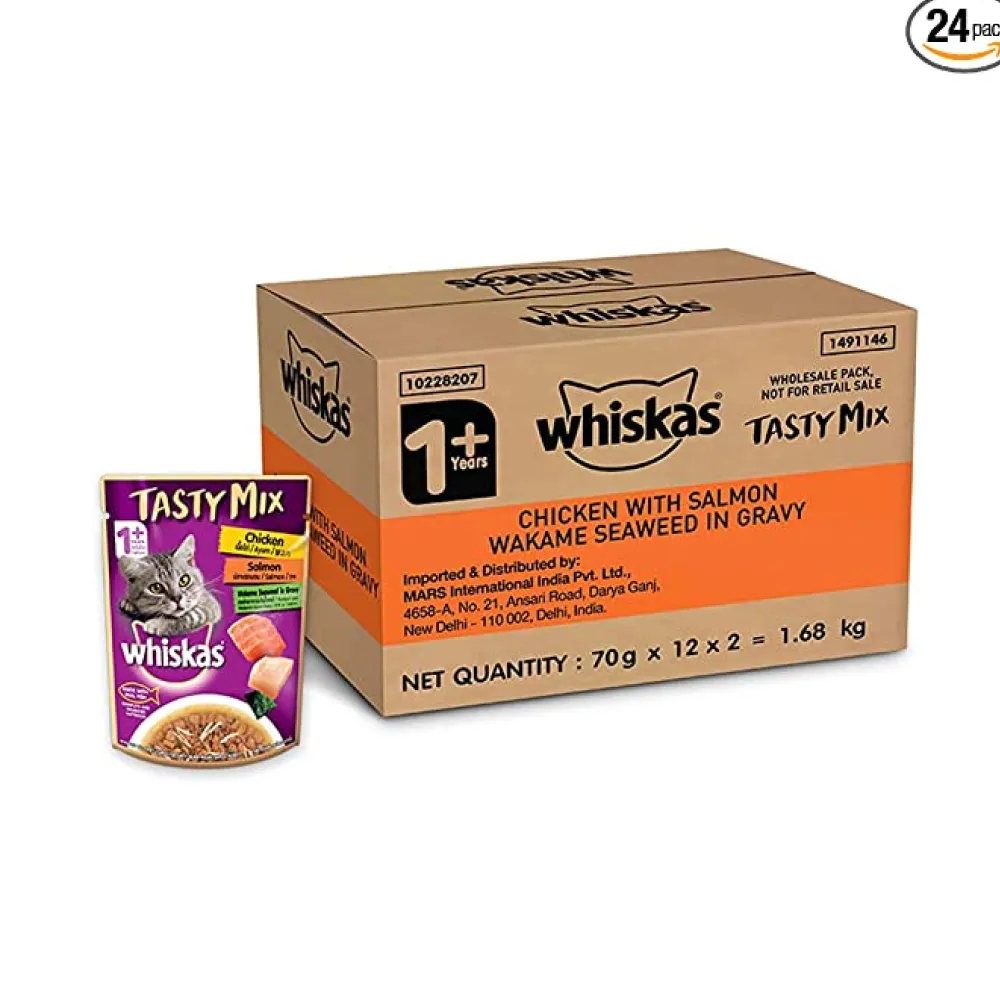 Whiskas Tuna in Jelly Meal and Chicken With Salmon Wakame Seaweed in Gravy Tasty Mix Adult Cat Wet Food Combo