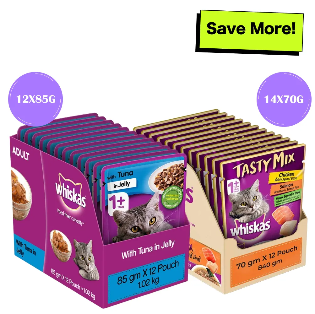 Whiskas Tuna in Jelly Meal and Chicken With Salmon Wakame Seaweed in Gravy Tasty Mix Adult Cat Wet Food Combo